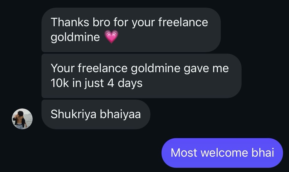 Customer review saying Freelance Goldmine helped them make 10k in 4 days